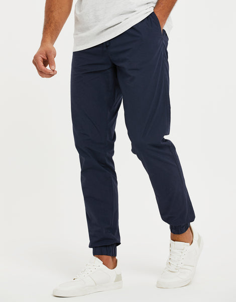 Men's Navy Blue Cuffed Cotton Drawstring Jogger Style Trousers – Threadbare