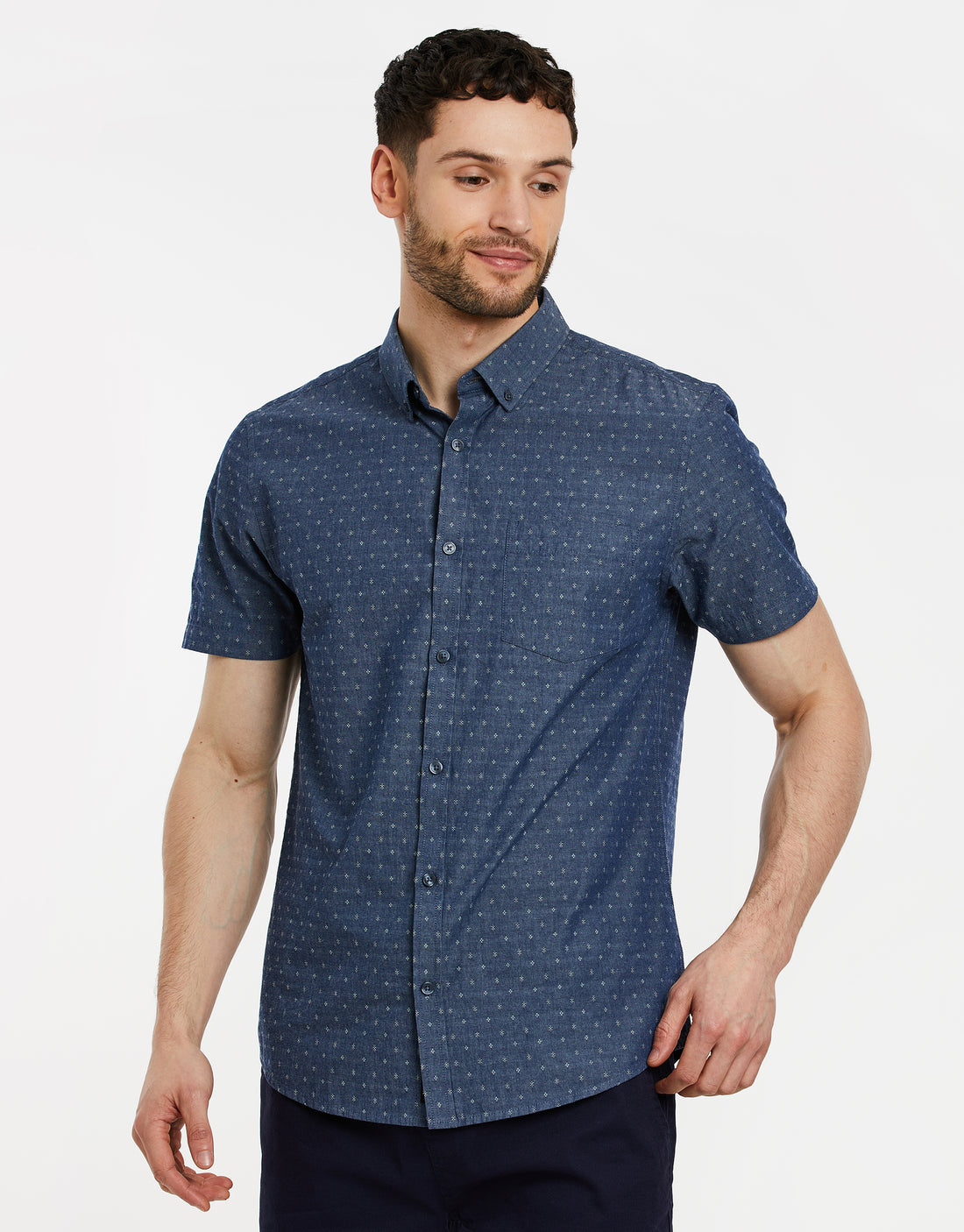 Men's Navy Blue Dobby Print Chambray Short Sleeve Casual Shirt – Threadbare
