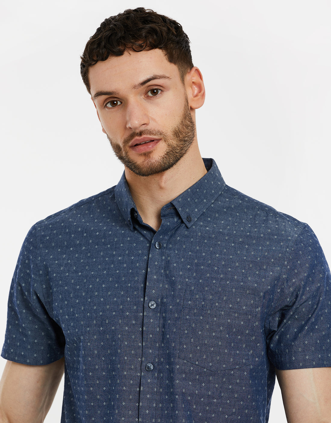 Men's Navy Blue Dobby Print Chambray Short Sleeve Casual Shirt – Threadbare