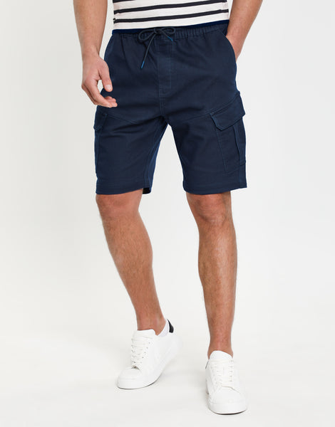 Men's Navy Blue Drawcord Regular Fit Stretch Cargo Shorts – Threadbare