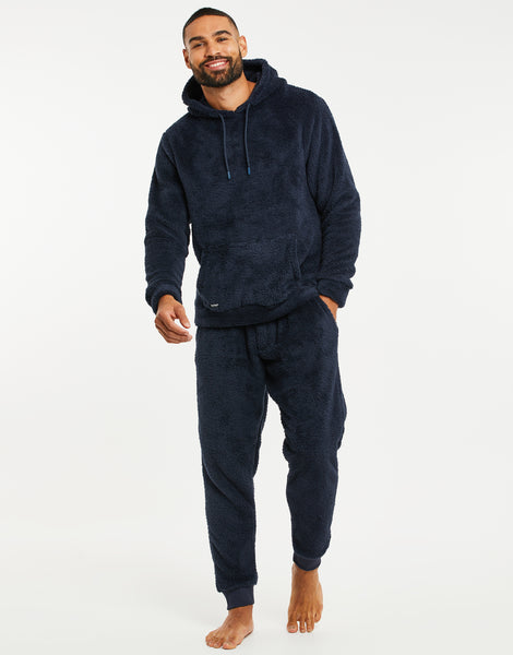 Men's Navy Blue Faux Borg Hoodie & Matching Bottoms Loungewear (2-Piece ...