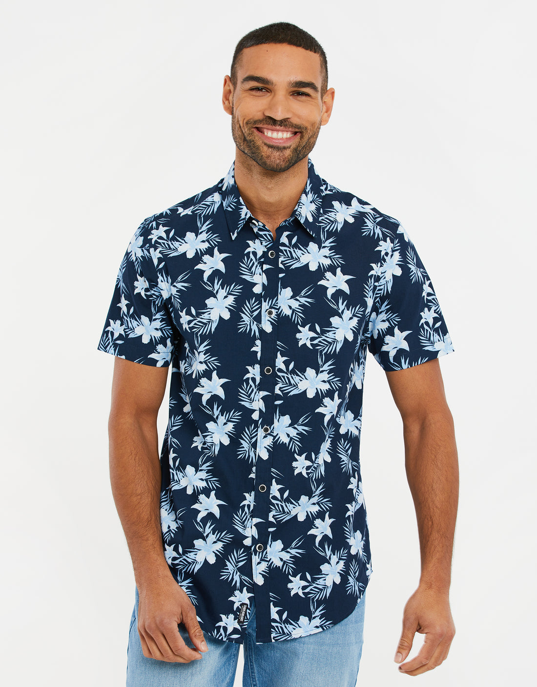 Men's Navy Blue Floral Print Cotton Short Sleeve Shirt – Threadbare