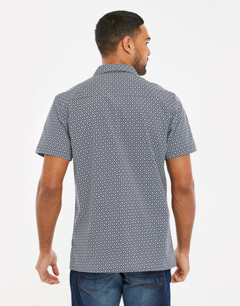 Men's Navy Blue Geo Print Short Sleeve Cotton Shirt – Threadbare