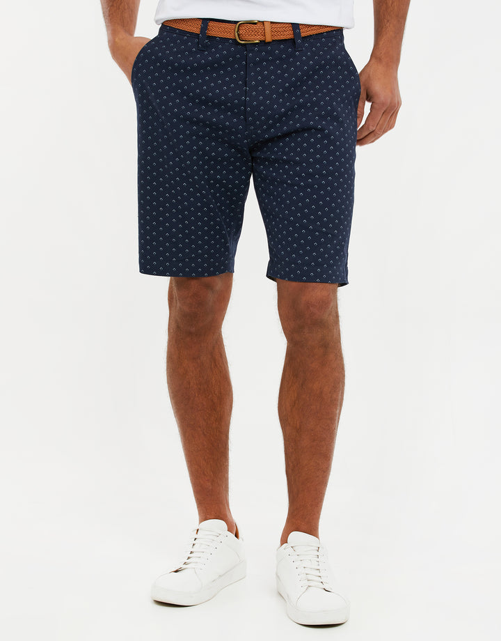 Navy Geo Print Belted Chino Shorts