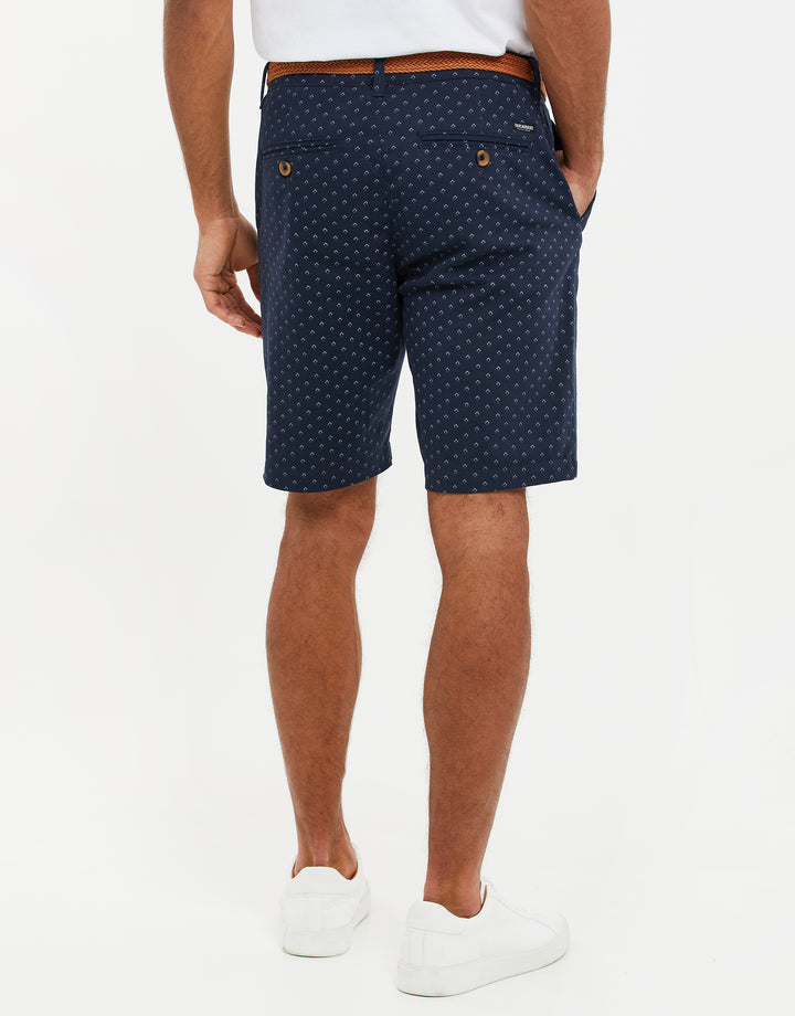 Navy Geo Print Belted Chino Shorts