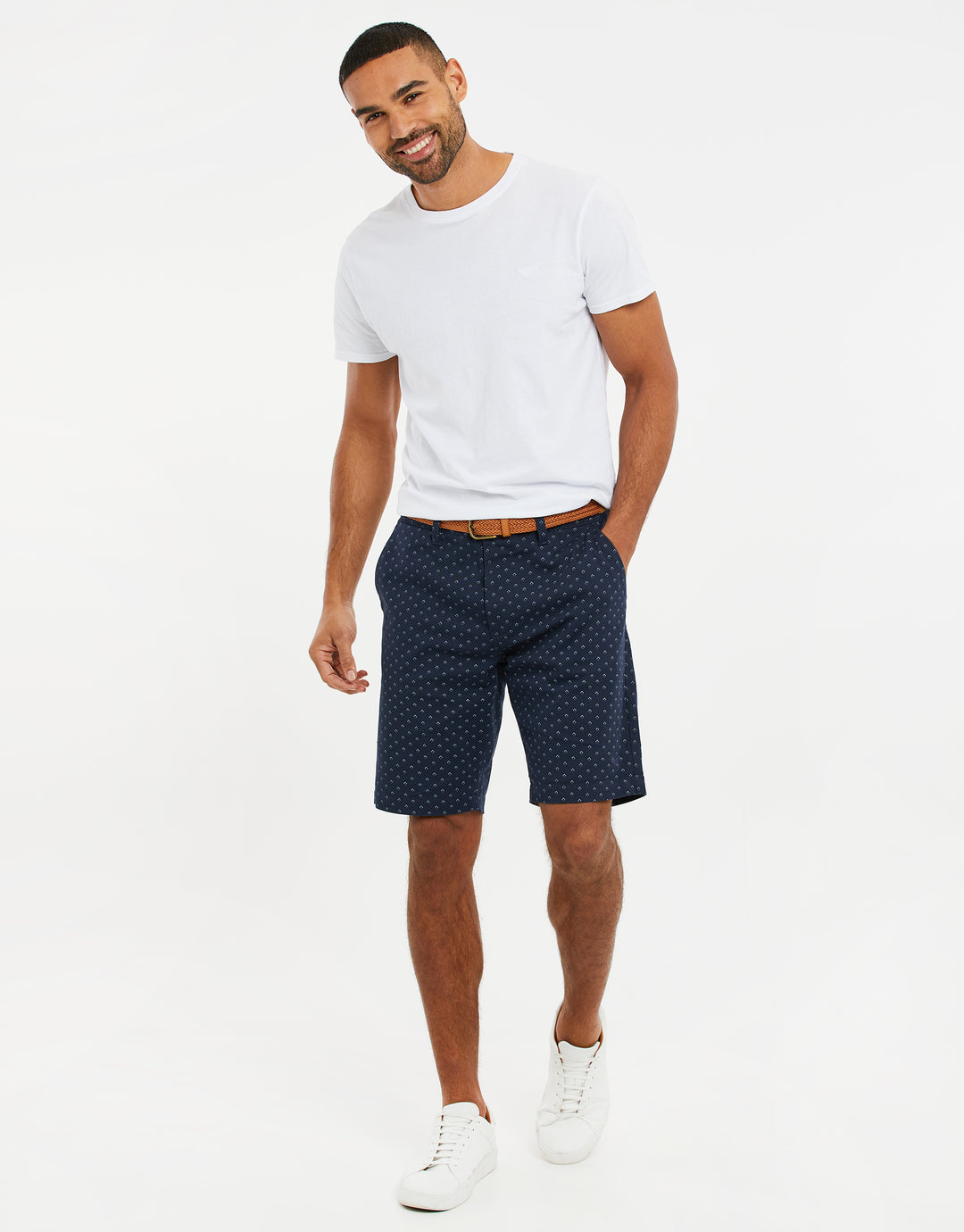 Navy Geo Print Belted Chino Shorts