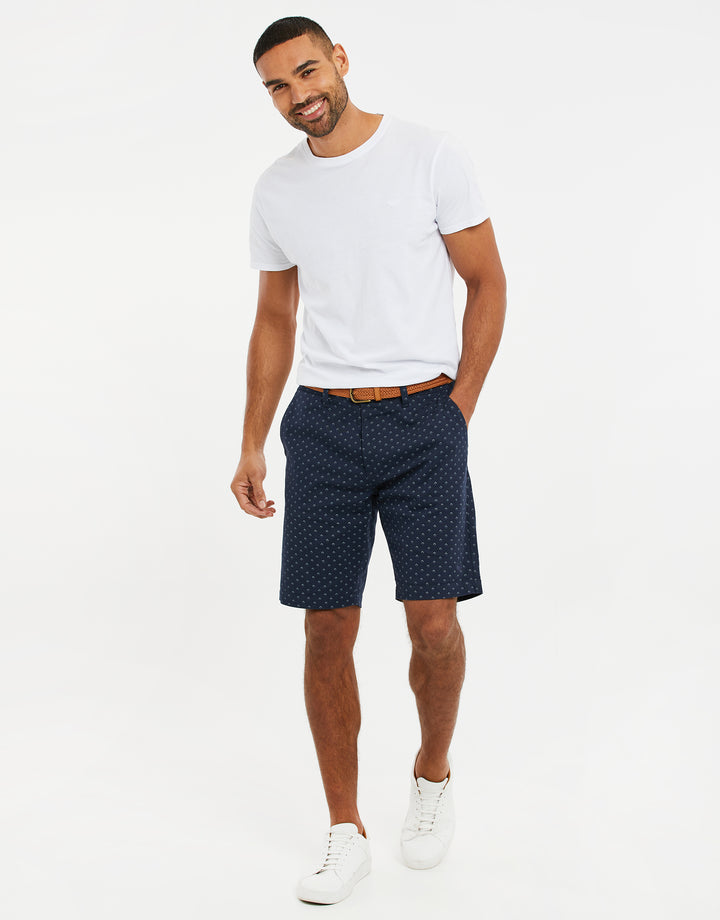 Navy Geo Print Belted Chino Shorts