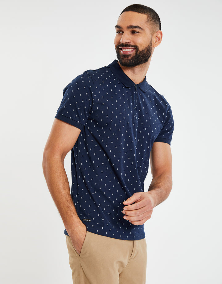 Navy Geometric Diamond Print Zip Collar Polo Shirt