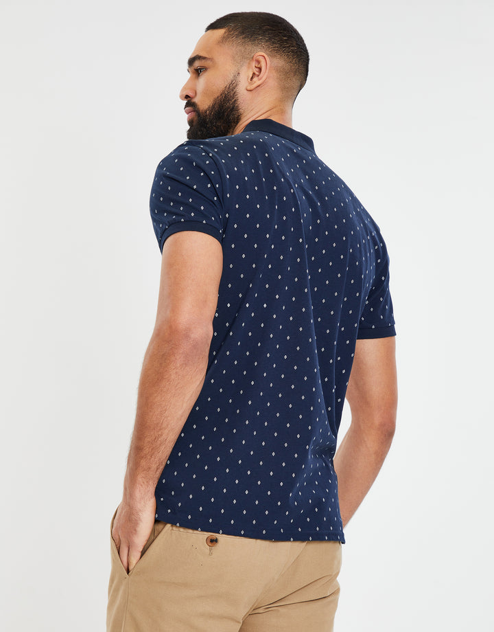 Navy Geometric Diamond Print Zip Collar Polo Shirt