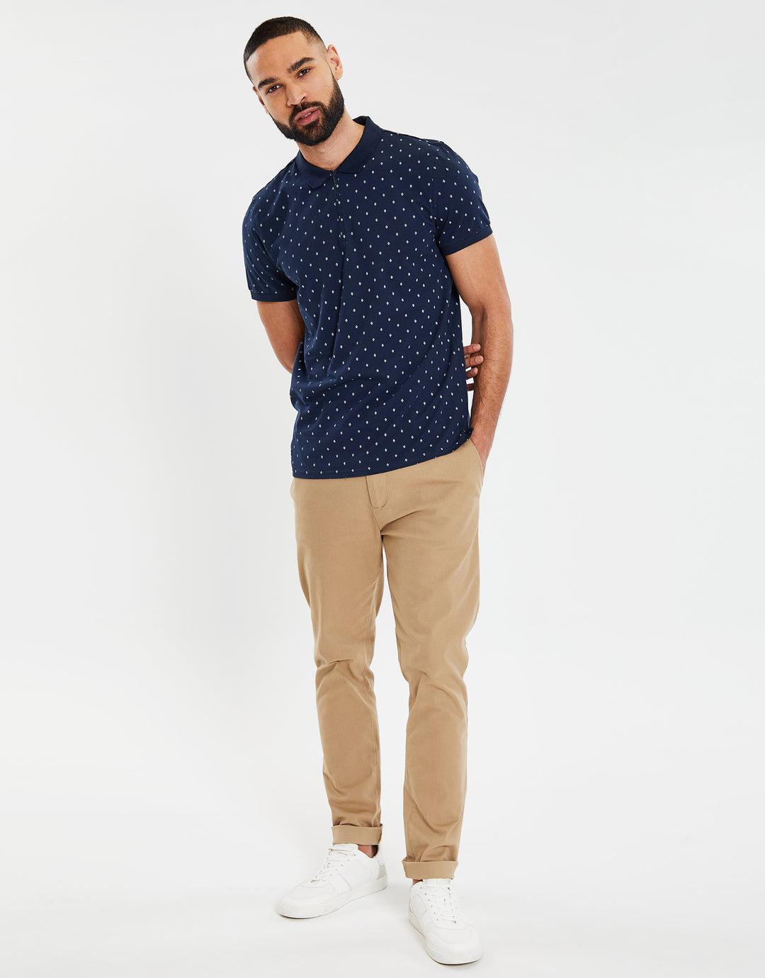 Navy Geometric Diamond Print Zip Collar Polo Shirt