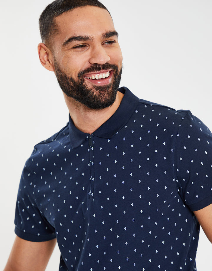 Navy Geometric Diamond Print Zip Collar Polo Shirt