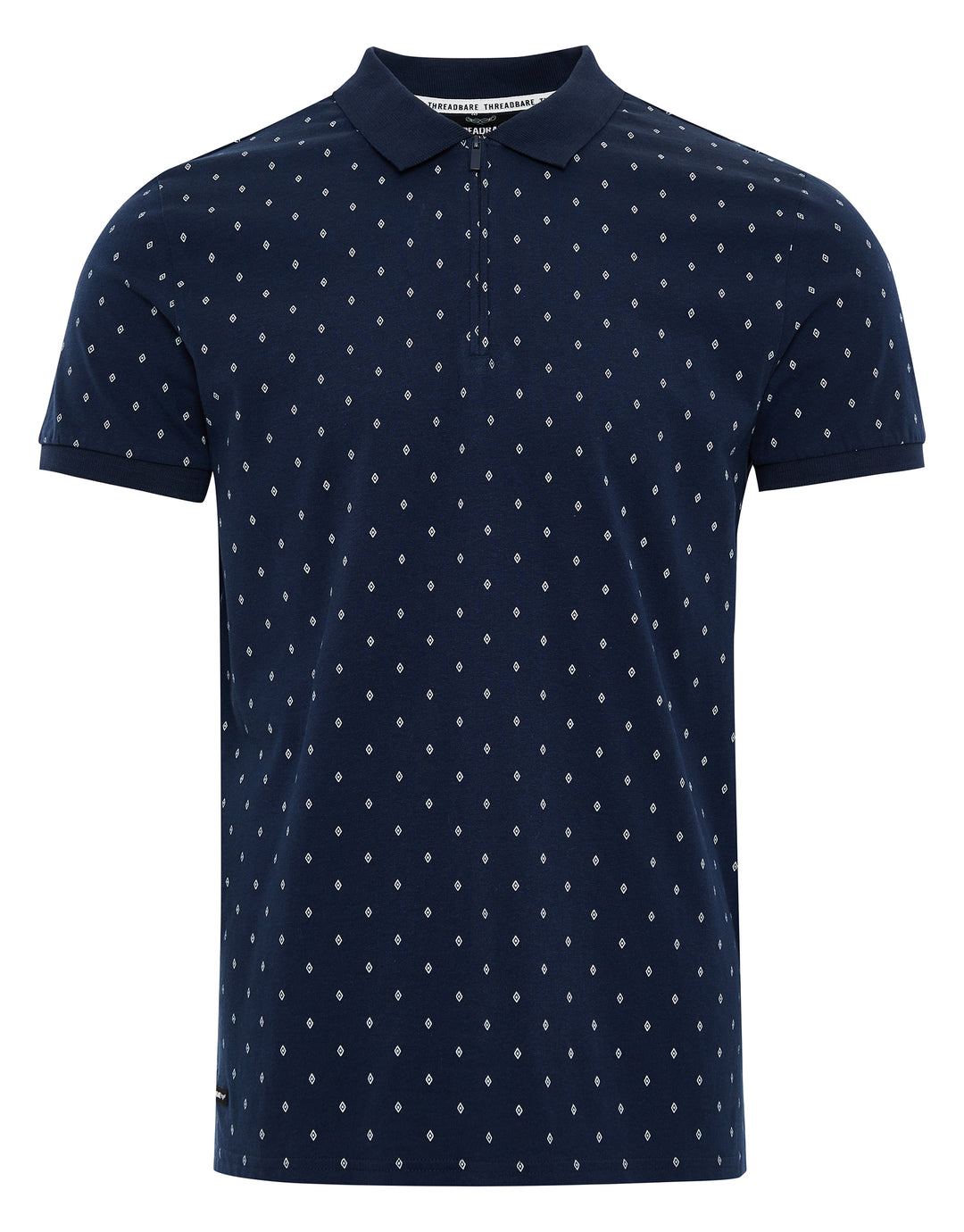 Navy Geometric Diamond Print Zip Collar Polo Shirt