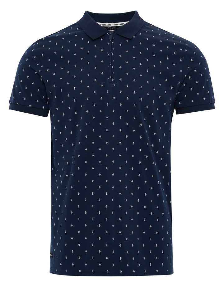 Navy Geometric Diamond Print Zip Collar Polo Shirt