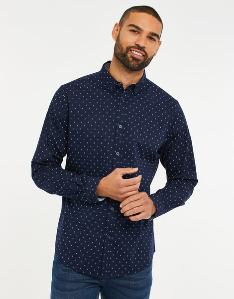 Men's Navy Blue Geometric Print Long Sleeve Shirt – Threadbare