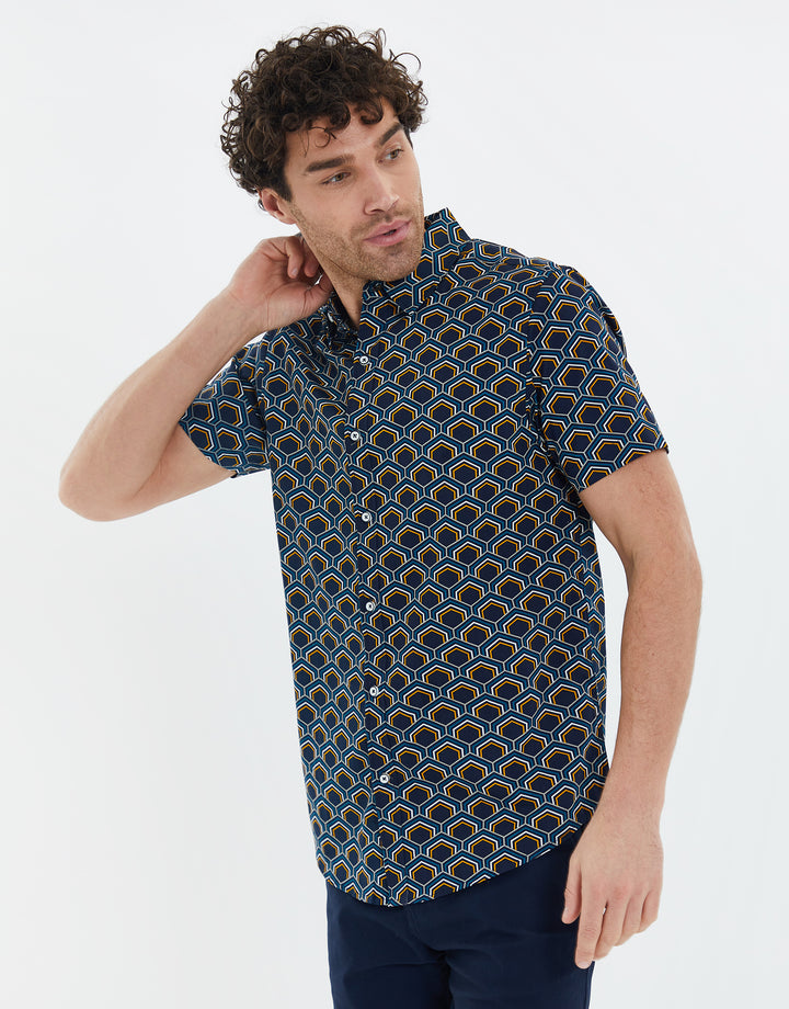 Navy Geometric Print Short Sleeve Shirt