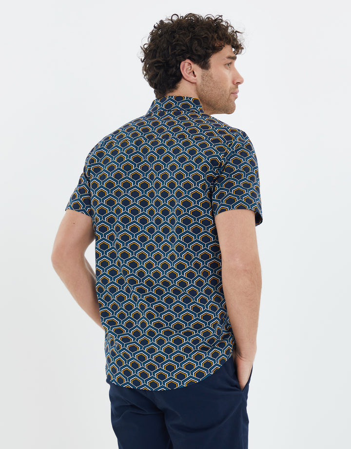 Navy Geometric Print Short Sleeve Shirt
