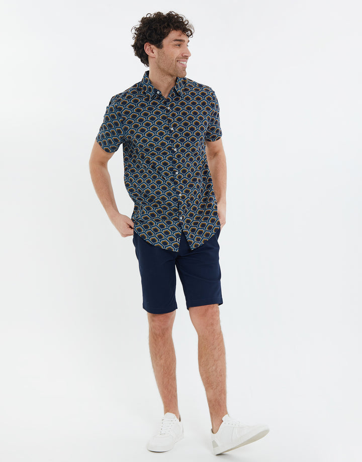 Navy Geometric Print Short Sleeve Shirt