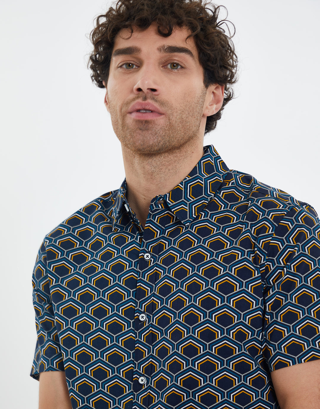 Navy Geometric Print Short Sleeve Shirt