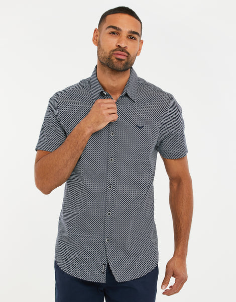 Men's Navy Blue Geometric Print Short Sleeve Casual Shirt – Threadbare