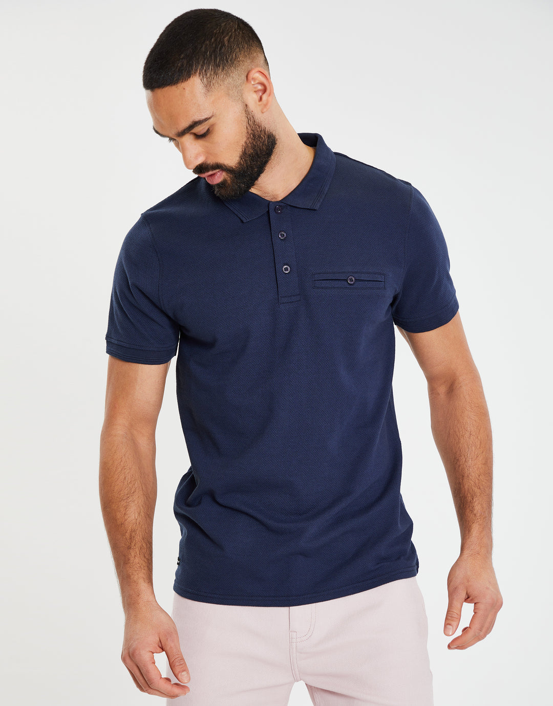 Navy Honeycomb Rib Jetted Pocket Polo Shirt