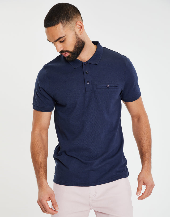 Navy Honeycomb Rib Jetted Pocket Polo Shirt