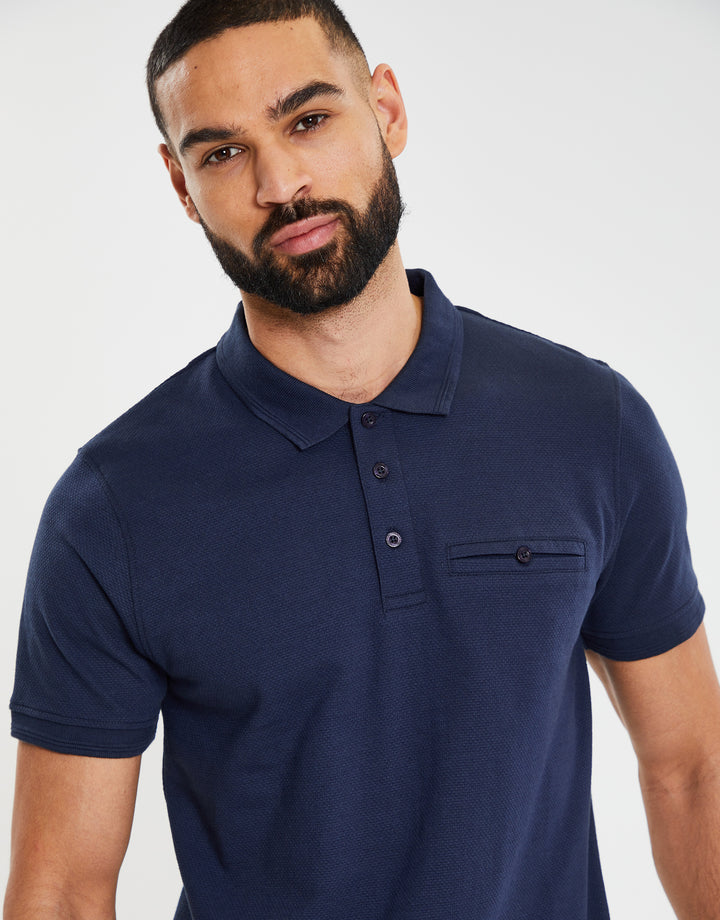 Navy Honeycomb Rib Jetted Pocket Polo Shirt