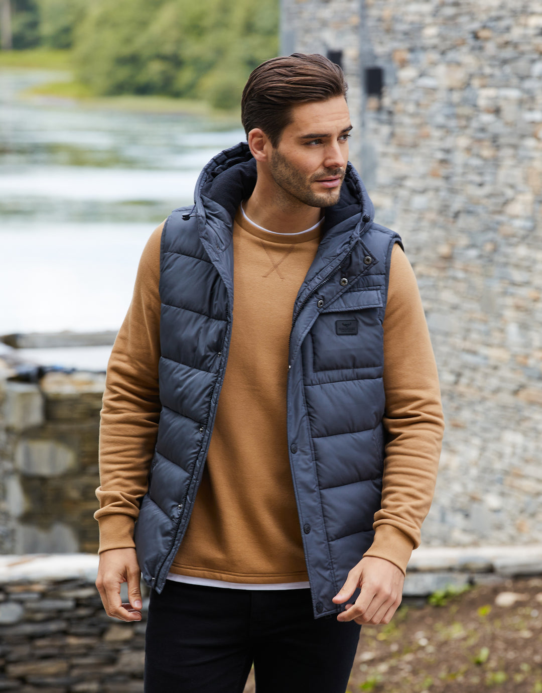 Threadbare Men's Navy Blue Hooded Padded Gilet - Main Image