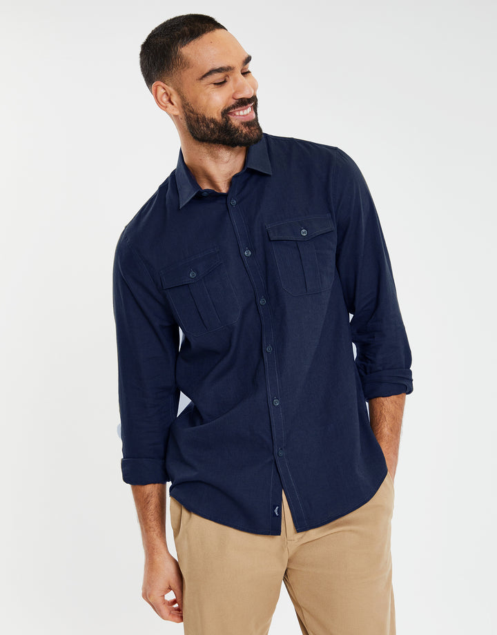 Navy Linen Blend Twin Chest Pocket Long Sleeve Shirt