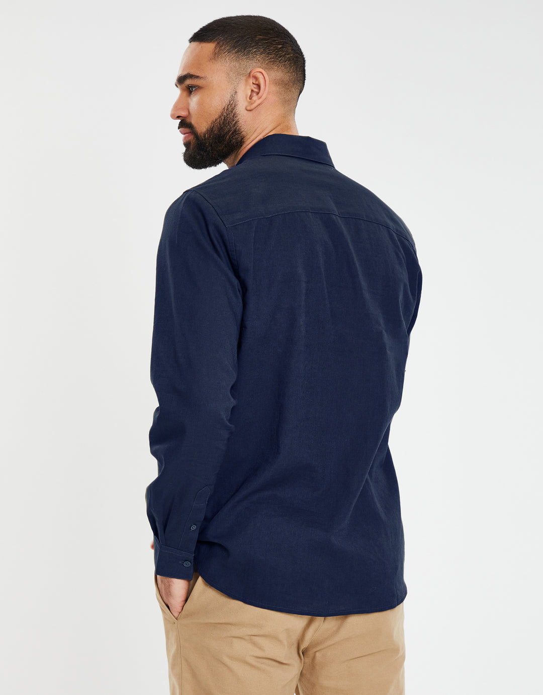 Navy Linen Blend Twin Chest Pocket Long Sleeve Shirt