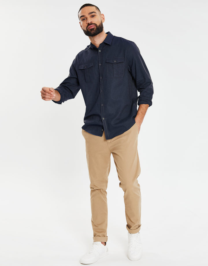 Navy Linen Blend Twin Chest Pocket Long Sleeve Shirt