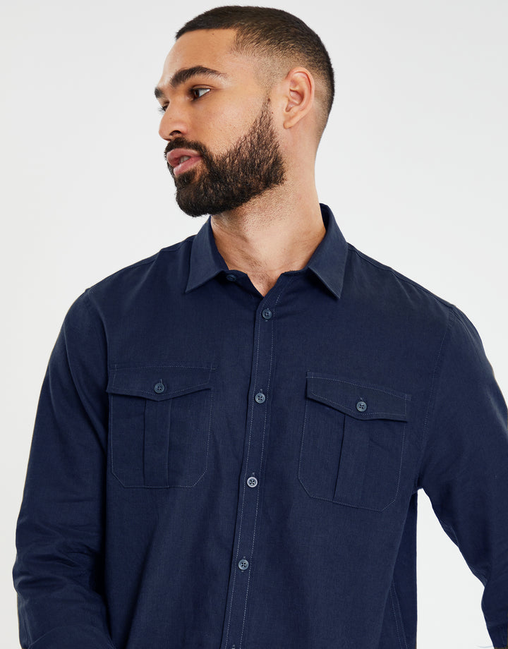 Navy Linen Blend Twin Chest Pocket Long Sleeve Shirt