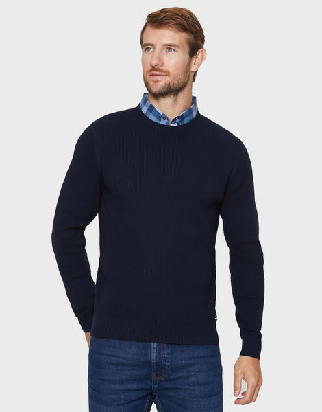 Men's Navy Blue Mock Shirt Collar Crew Neck Knitted Jumper – Threadbare