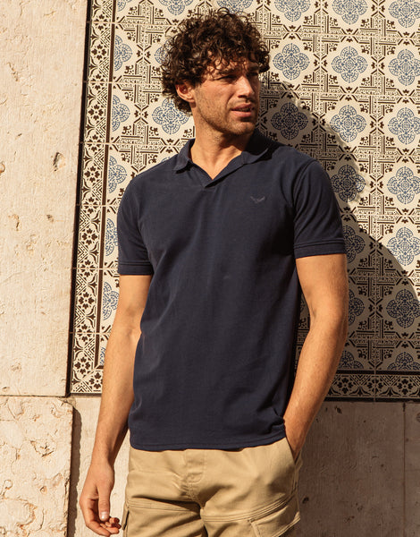 Men's Navy Blue Open Neck Collar Short Sleeve Pique Polo Shirt – Threadbare
