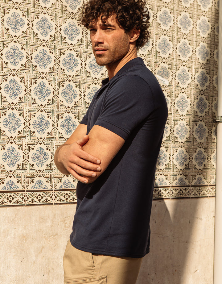 Navy Open Neck Collar Polo Shirt