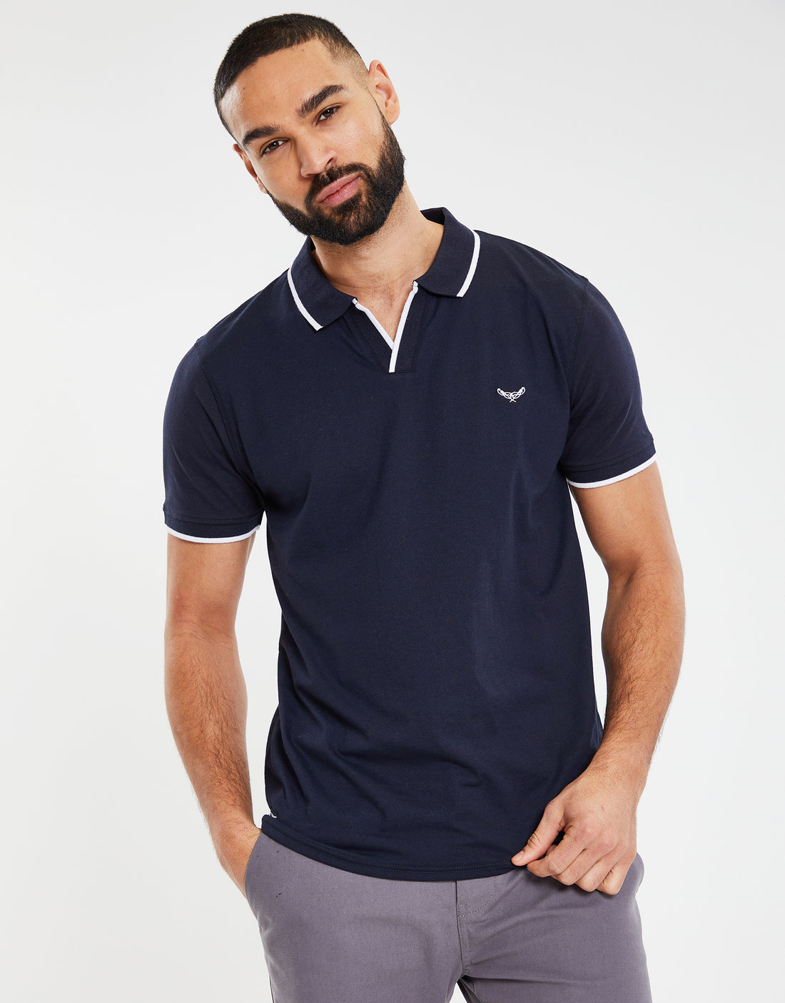 Men's Navy Blue Open Neck Collar Single Jersey Short Sleeve Polo Shirt ...
