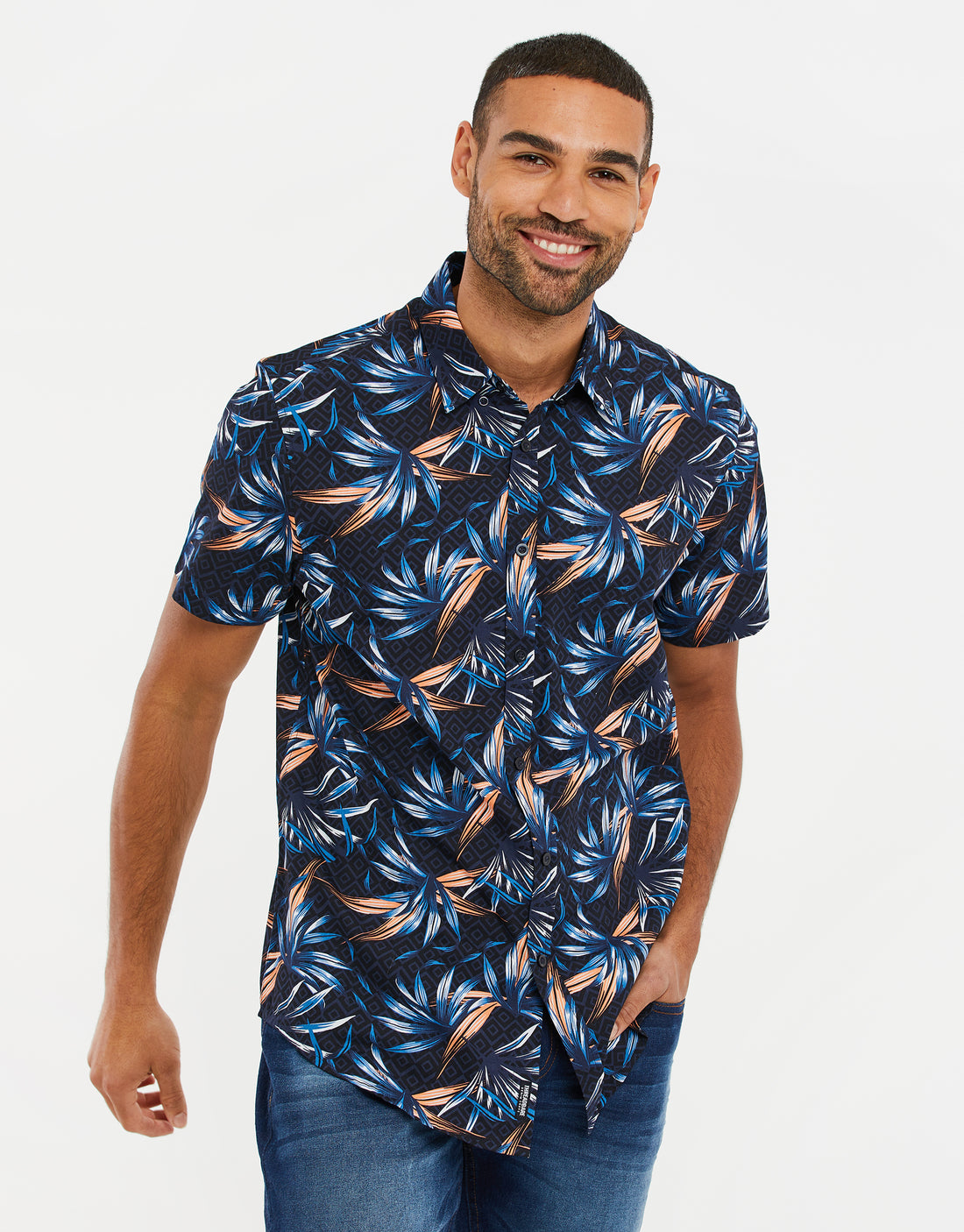 Men's Navy Blue Palm Print Cotton Short Sleeve Shirt – Threadbare