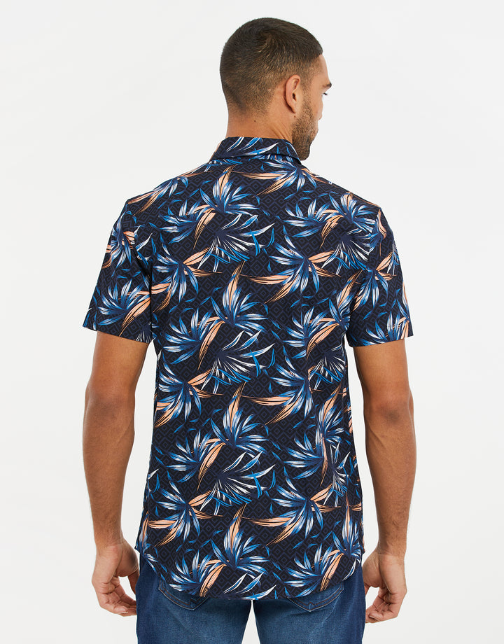 Navy Palm Print Short Sleeve Shirt