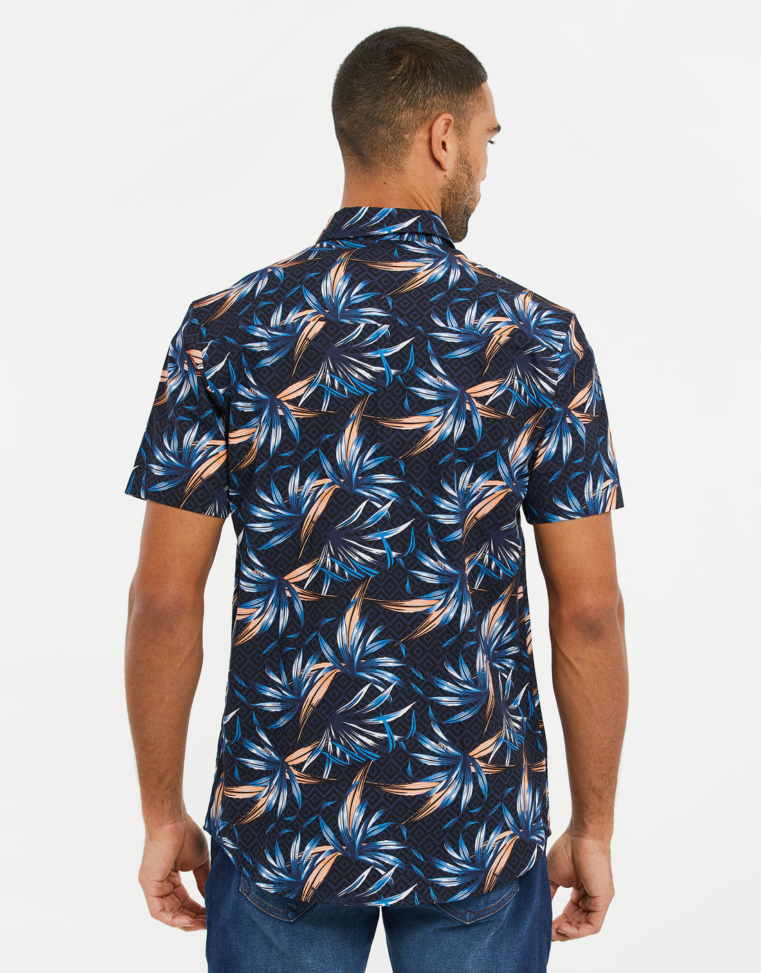 Men's Navy Blue Palm Print Cotton Short Sleeve Shirt – Threadbare