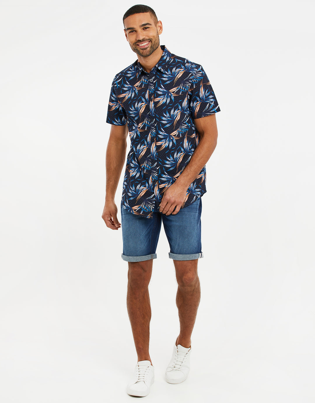 Navy Palm Print Short Sleeve Shirt