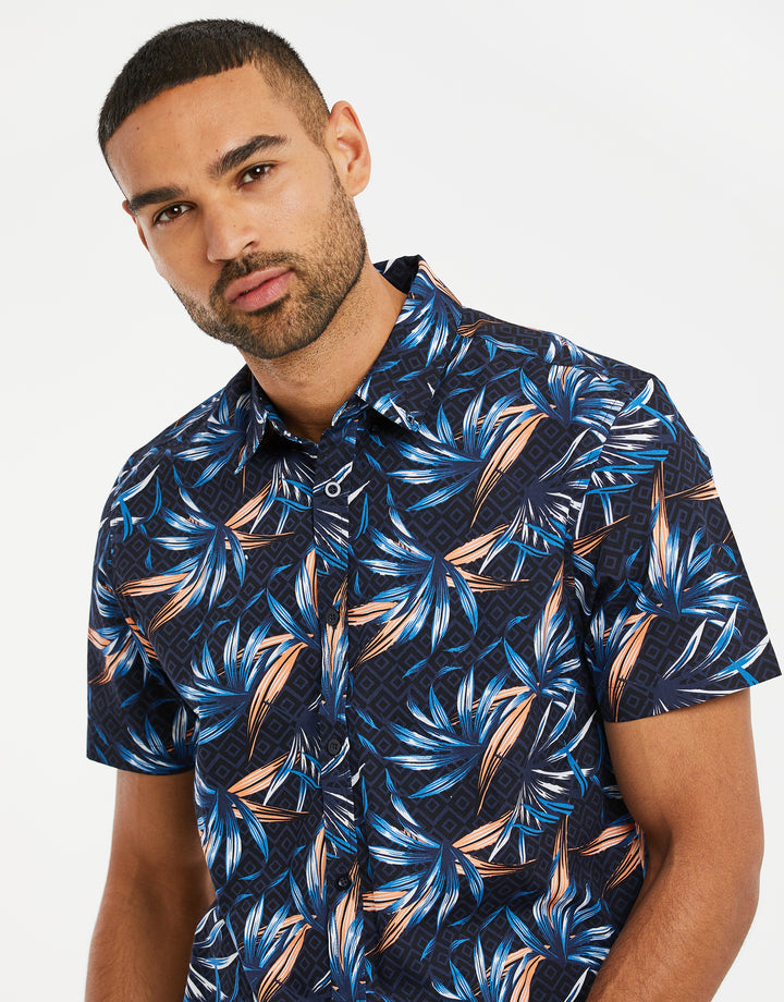 Navy Palm Print Short Sleeve Shirt