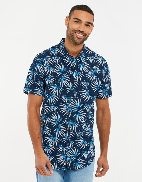 Men's Navy Blue Palm Print Short Sleeve Shirt – Threadbare