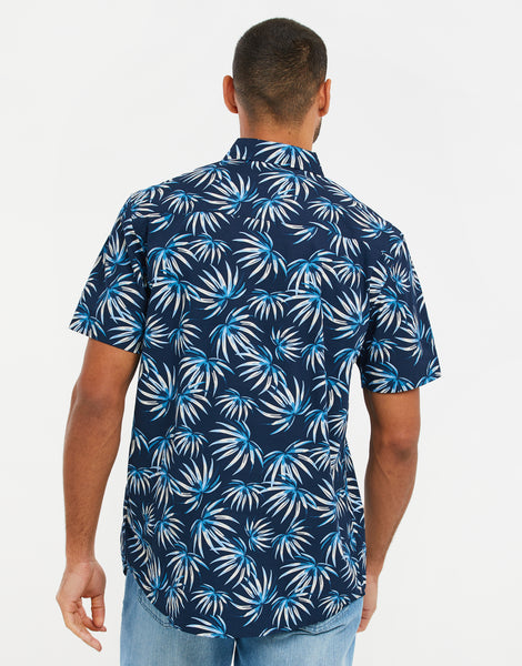 Men's Navy Blue Palm Print Short Sleeve Shirt – Threadbare