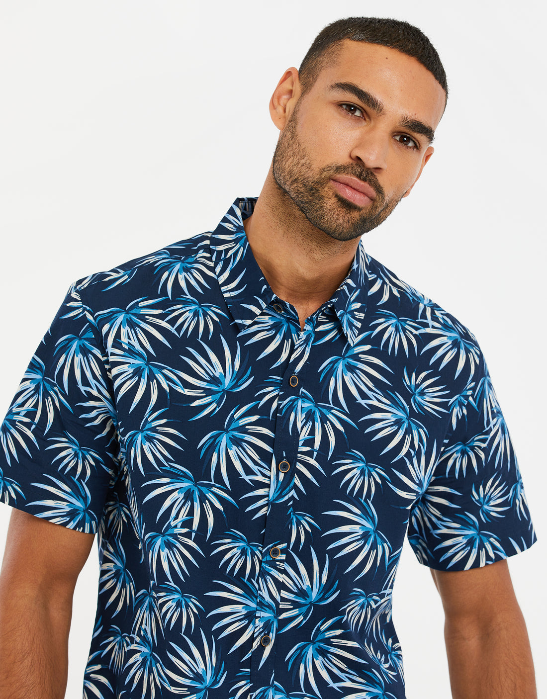 Men's Navy Blue Palm Print Short Sleeve Shirt – Threadbare