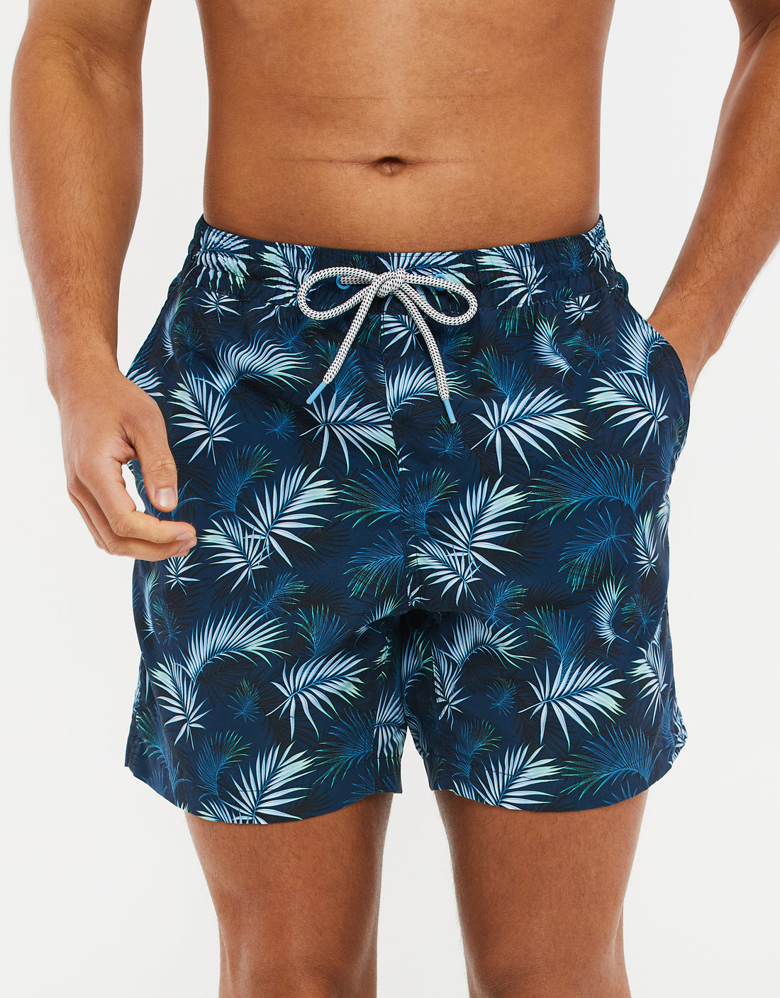 Men's Navy Blue Palm Print Swim Shorts Swimwear – Threadbare