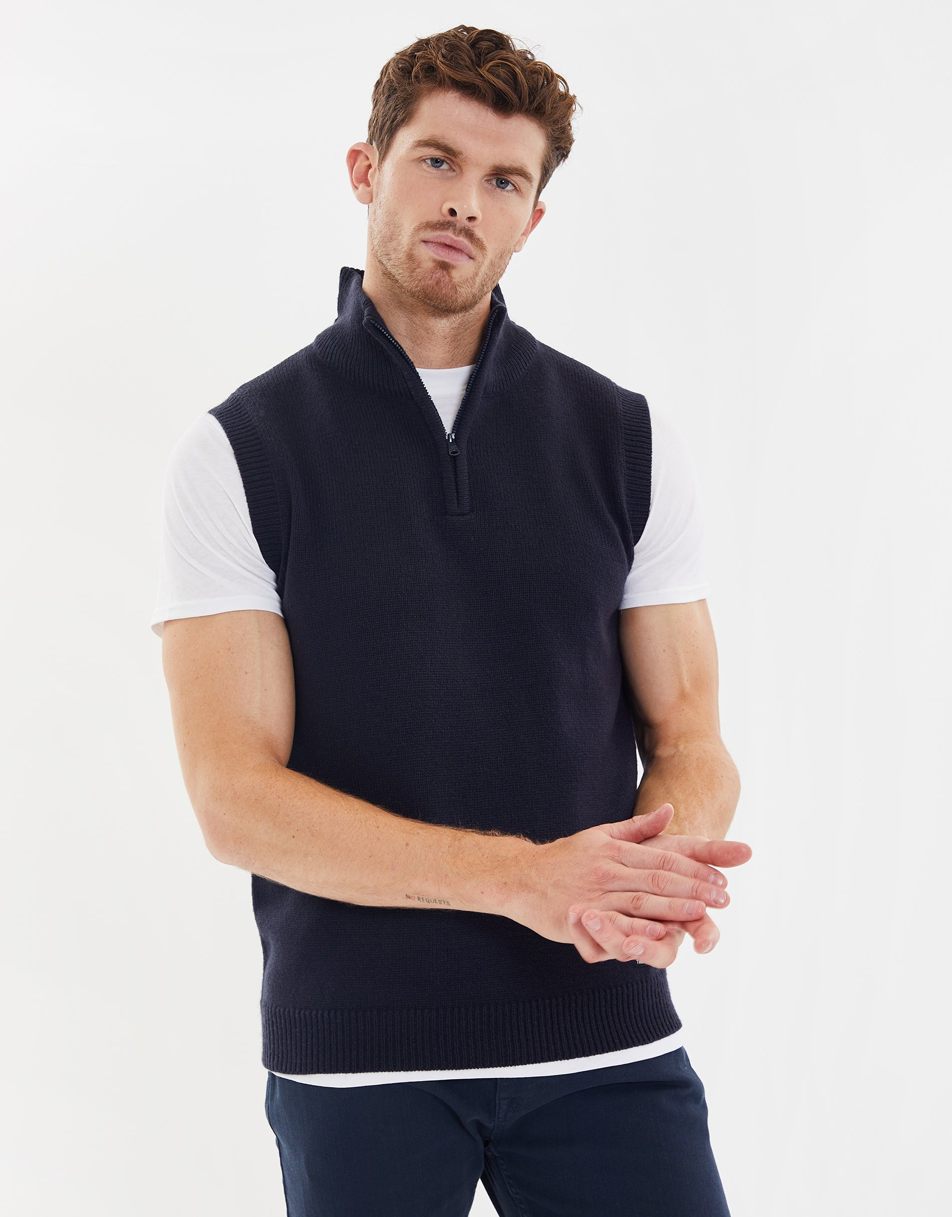 Threadbare Men's Navy Blue Quarter Zip High Neck Knitted