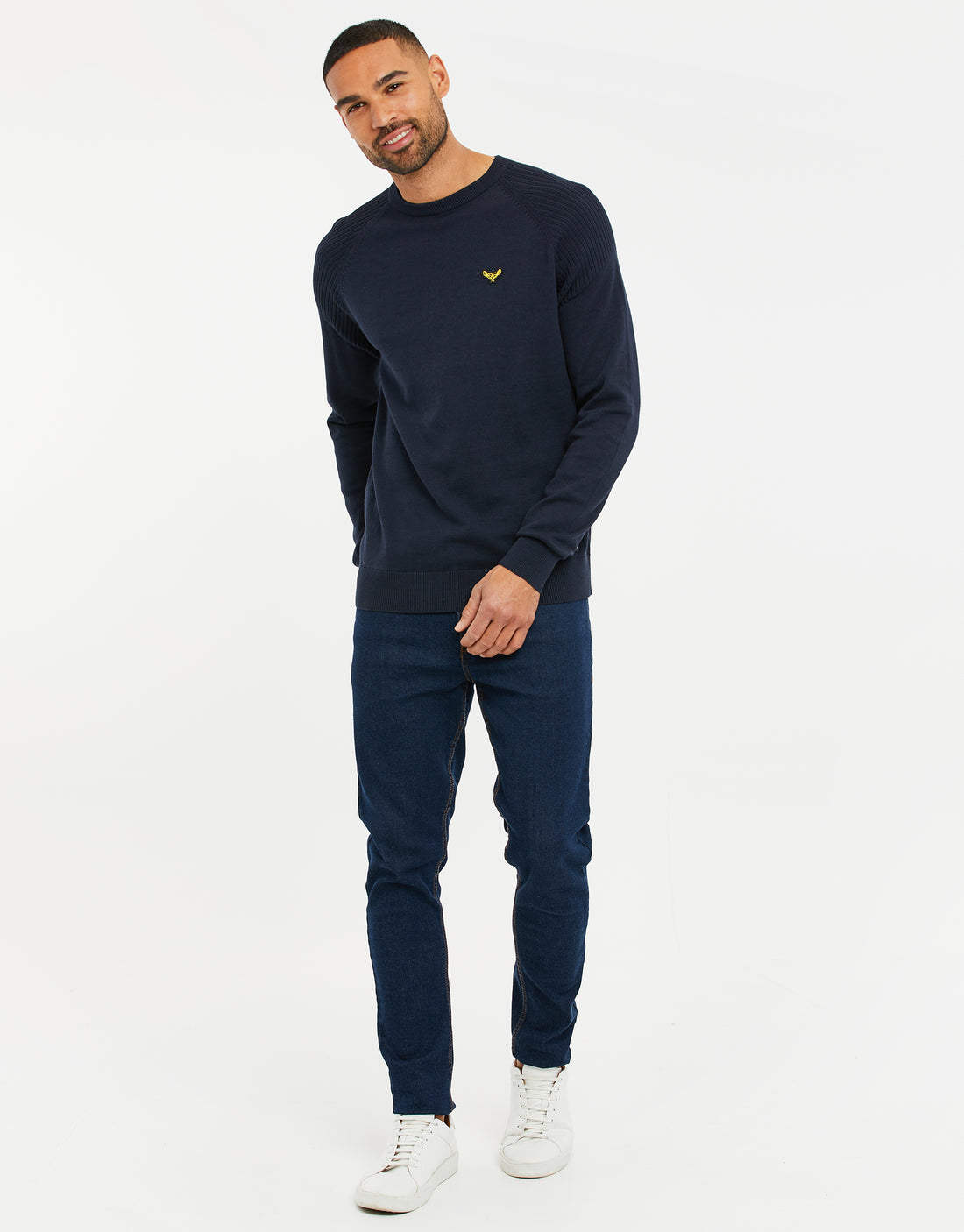 Men's Navy Blue Raglan Sleeve Crew Neck Knitted Jumper – Threadbare