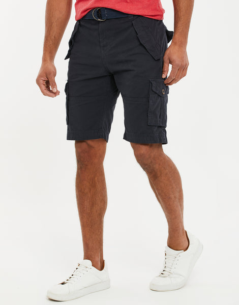 Men's Navy Blue Regular Fit Cotton Belted Cargo Shorts – Threadbare