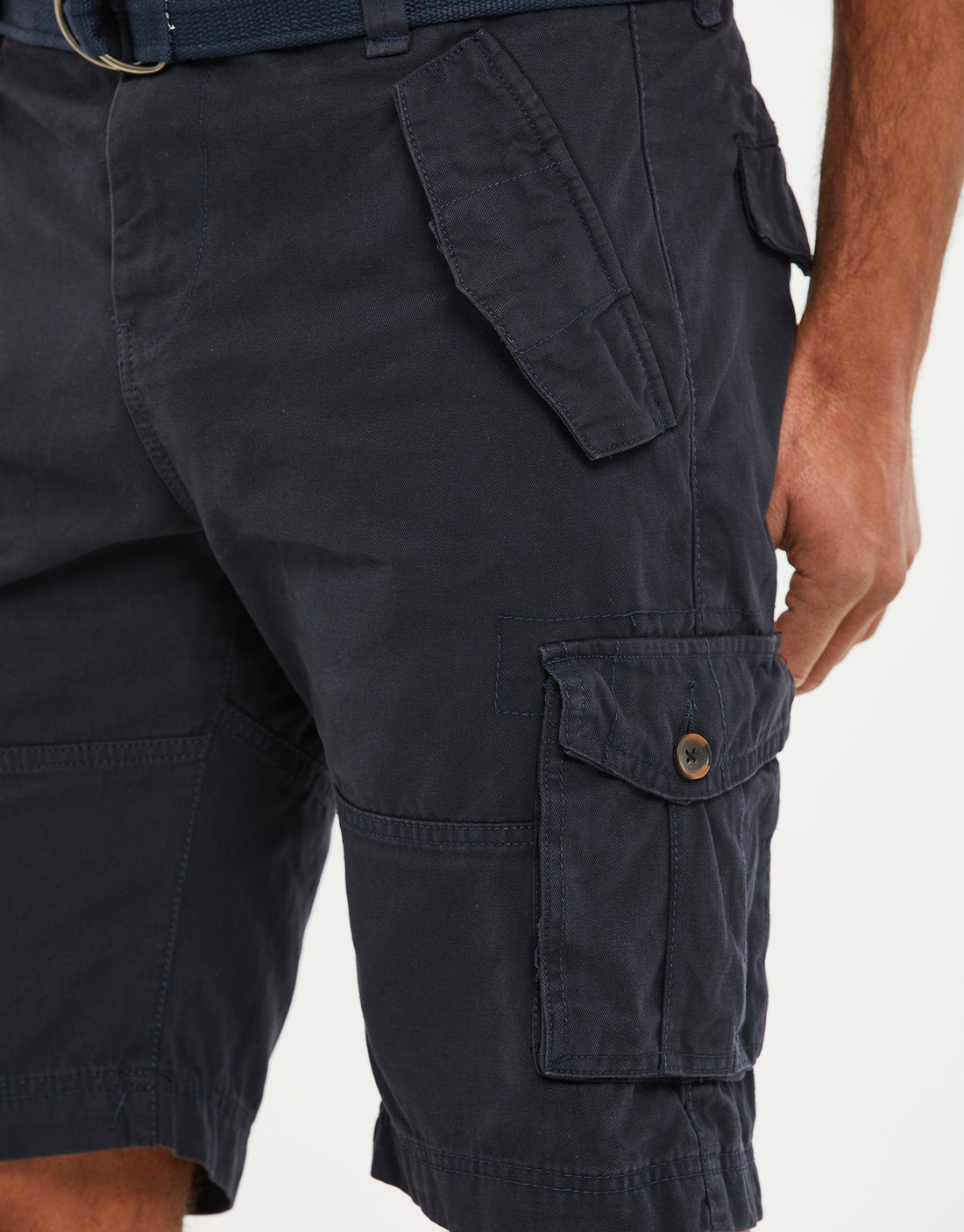 Men's Navy Blue Regular Fit Cotton Belted Cargo Shorts – Threadbare
