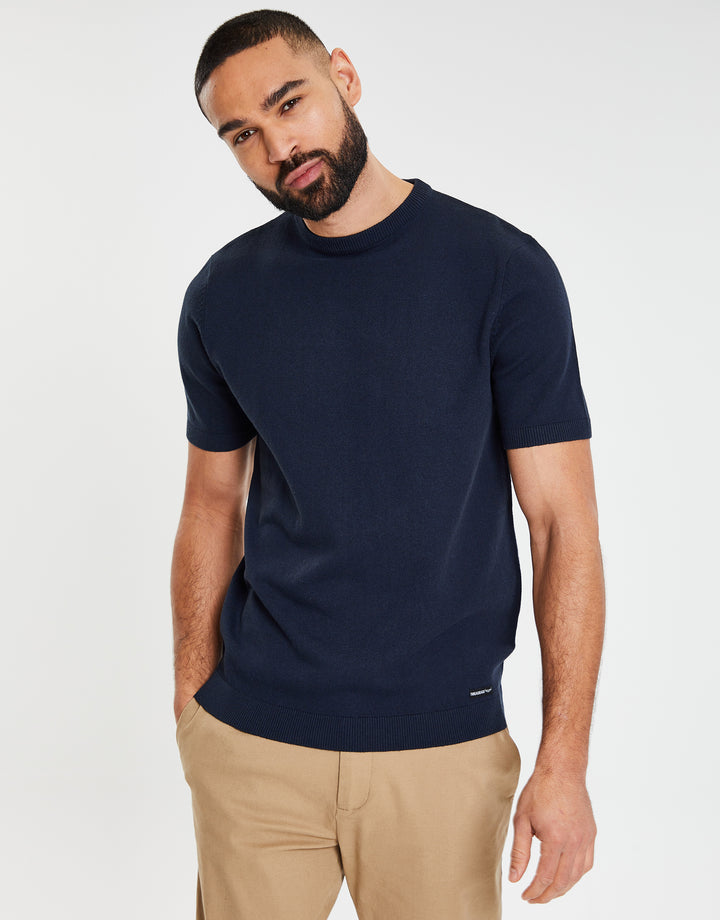 Navy Round Neck Knitted T-Shirt