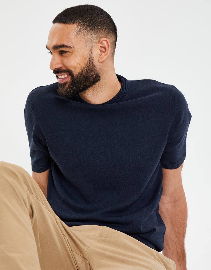 Navy Round Neck Knitted T-Shirt
